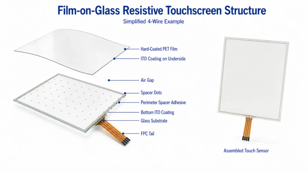 Structure d'écran tactile résistif de type « film sur verre » comprenant un film PET, des revêtements ITO, des pastilles d'espacement, un espace d'air et un substrat en verre