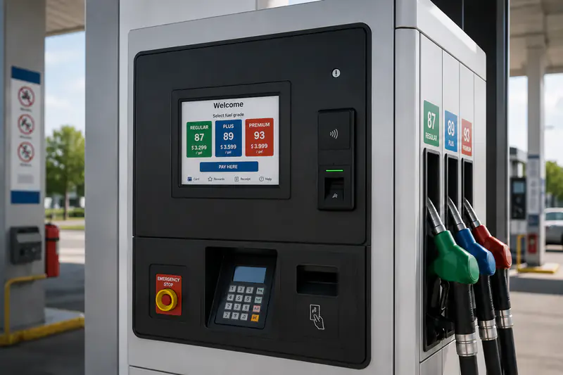 Écran tactile d'une pompe à essence destiné à l'utilisation par les clients d'une station-service