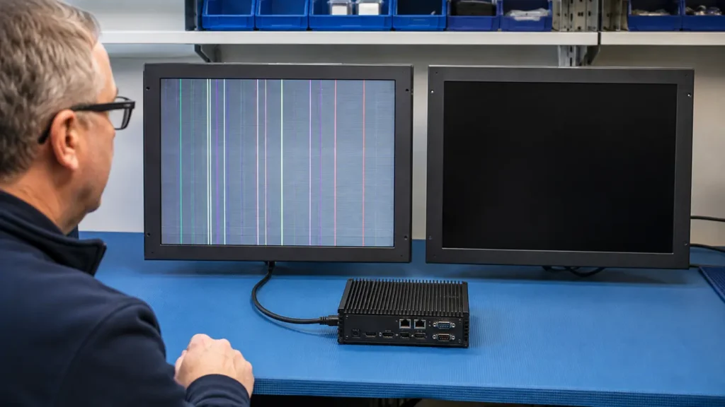 Controlled cross-test of an industrial LCD monitor showing vertical line faults