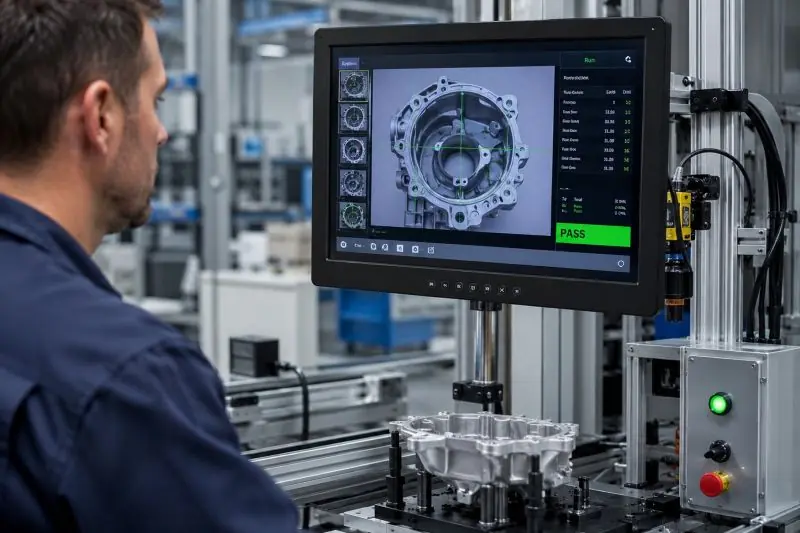 Monitor de inspeção por visão artificial industrial a apresentar um resultado de aprovação num componente automóvel