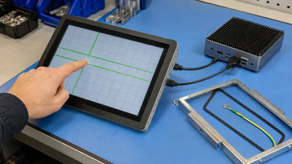 Finger testing a PCAP industrial touchscreen on a full-screen diagnostic grid