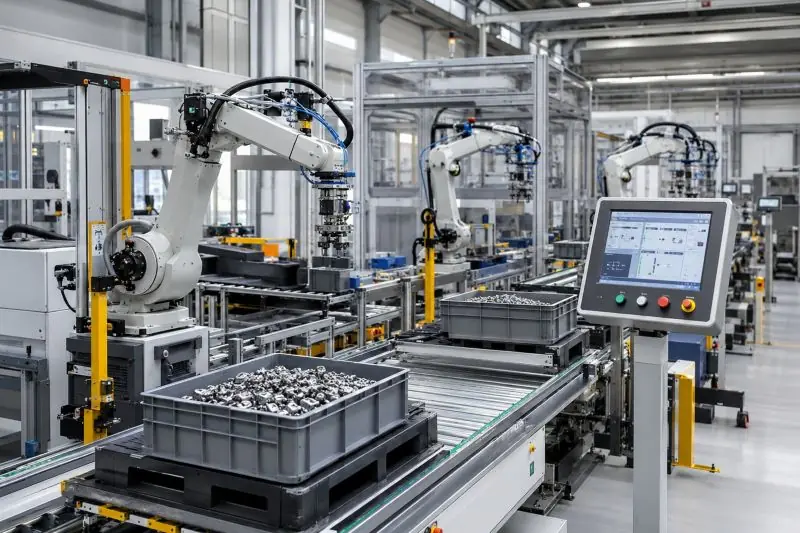 Braços robóticos industriais e painel de controlo tátil numa linha de produção automatizada de manuseamento de materiais