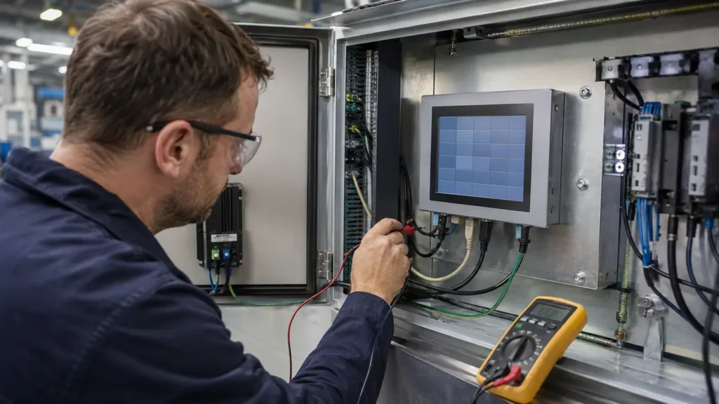 Technician diagnosing an industrial LCD touchscreen inside an automation cabinet