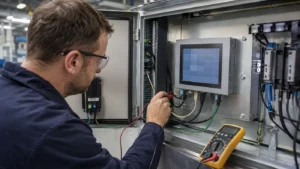 Technician diagnosing an industrial LCD touchscreen inside an automation cabinet
