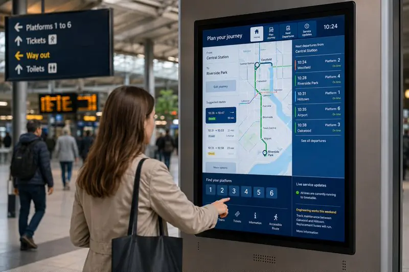 Passenger information and wayfinding touch display used in a railway station