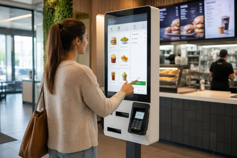 Client utilisant l'écran tactile d'une borne de commande et de paiement en libre-service