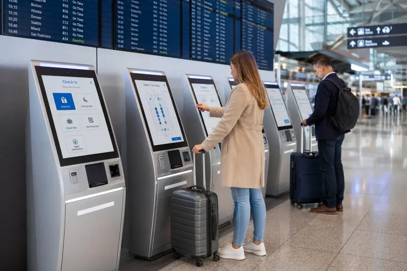Écrans tactiles industriels utilisés dans les bornes de billetterie et d'enregistrement en libre-service des aéroports