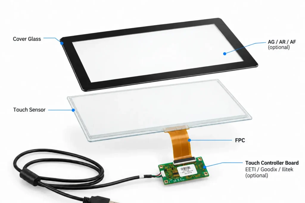 alt="カバーガラス、タッチセンサー、FPC、タッチコントローラ基板、USBインターフェースが確認できる、PCAP式タッチスクリーンの分解図"